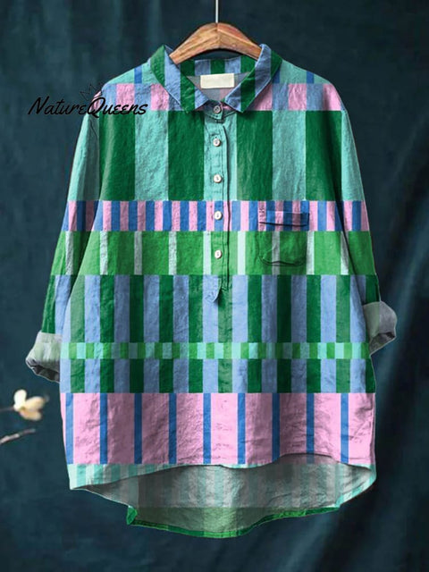 Women's Abstract Geometric Pattern Art Print Casual Cotton And Linen Shirt