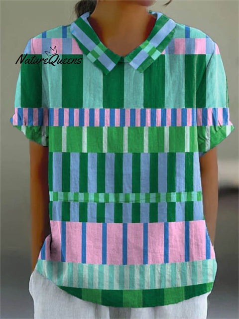Women's Abstract Geometric Pattern Art Print Casual Cotton And Linen Shirt
