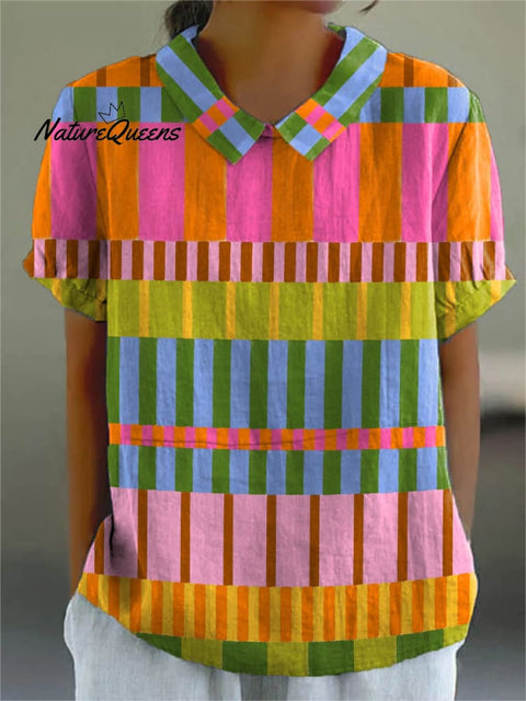 Women's Abstract Geometric Pattern Art Print Casual Cotton And Linen Shirt
