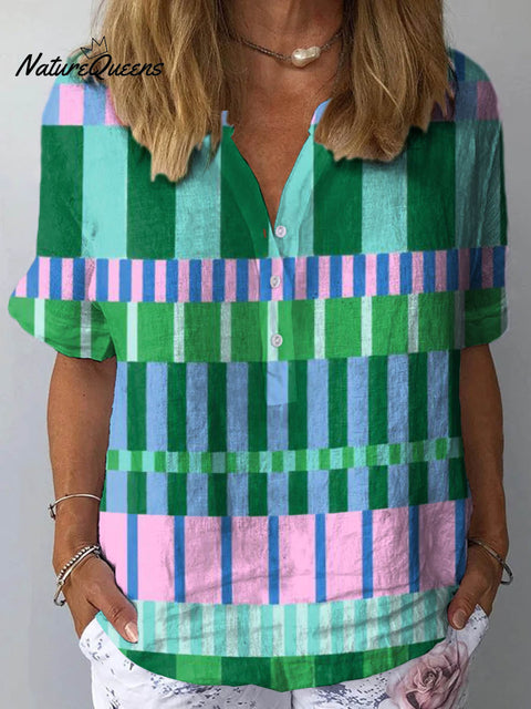 Women's Abstract Geometric Pattern Art Print Casual Cotton And Linen Shirt