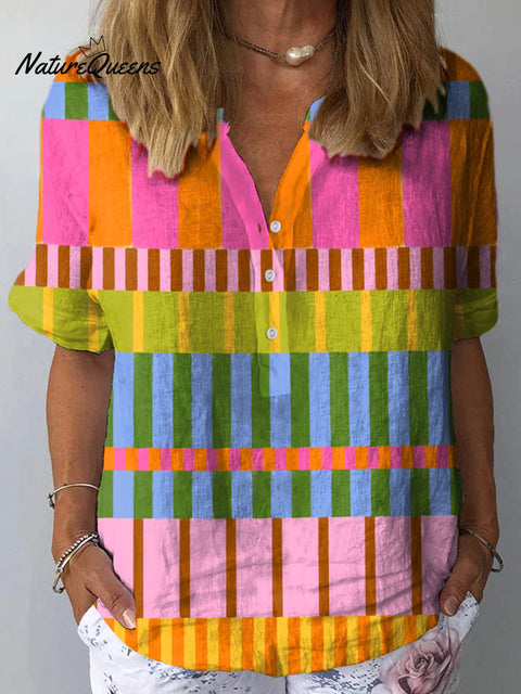 Women's Abstract Geometric Pattern Art Print Casual Cotton And Linen Shirt