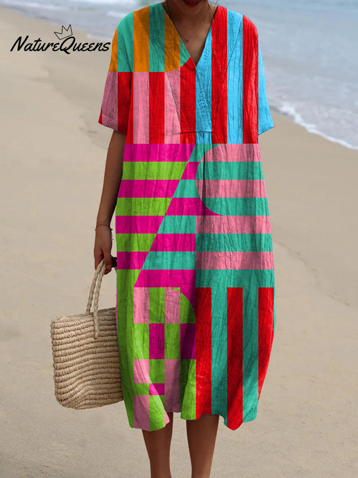 Women's Abstract Geometric Pattern Art Print Cotton Flowy Dress