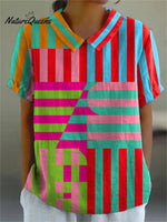 Women's Abstract Geometric Pattern Art Print Casual Cotton And Linen Shirt