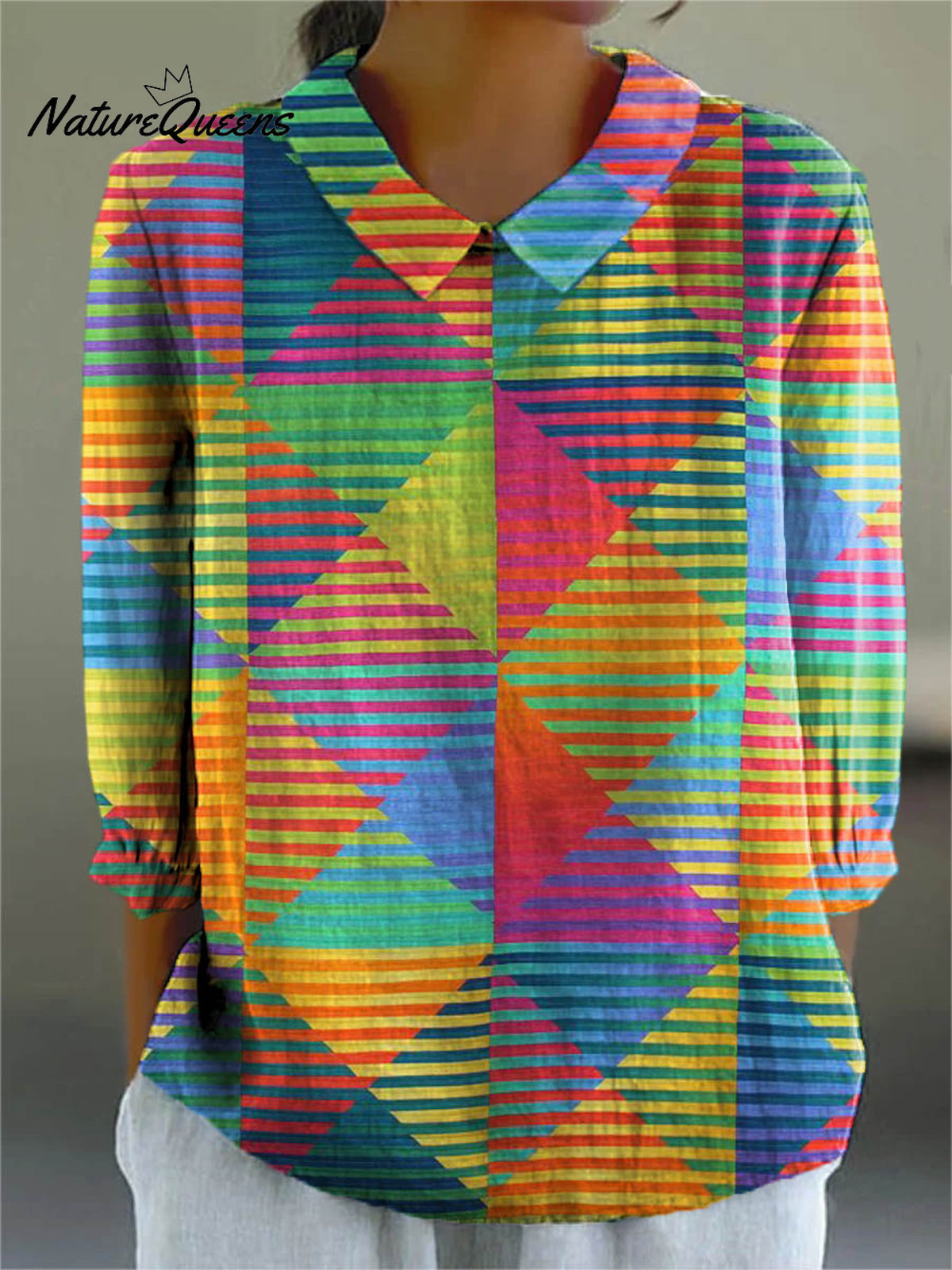 Women's Abstract Geometric Pattern Art Print Casual Cotton And Linen 3/4 Sleeve Shirt