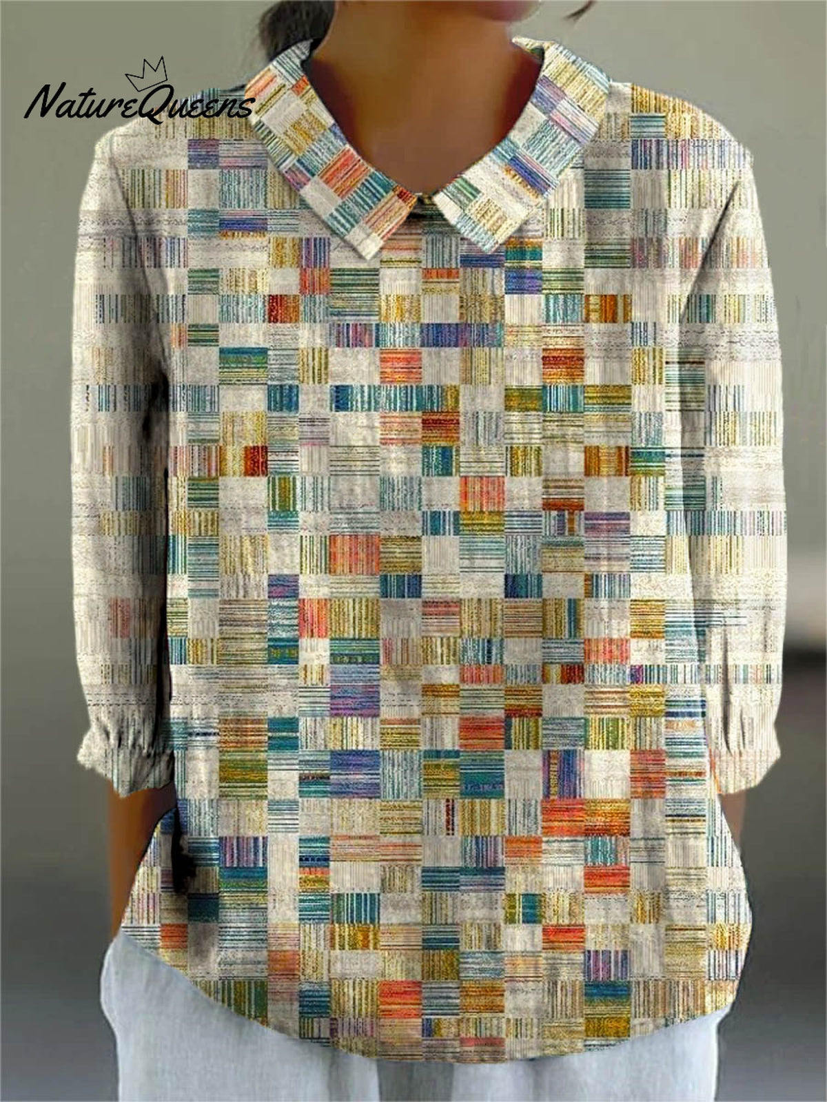 Women's Abstract Geometric Pattern Art Print Casual Cotton And Linen 3/4 Sleeve Shirt