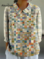 Women's Abstract Geometric Pattern Art Print Casual Cotton And Linen 3/4 Sleeve Shirt