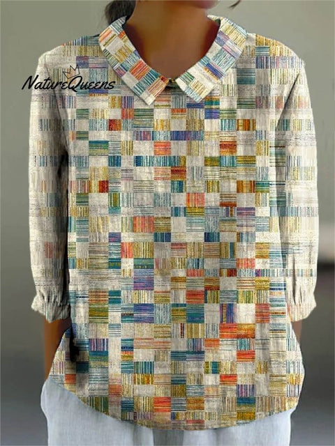Women's Abstract Geometric Pattern Art Print Casual Cotton And Linen 3/4 Sleeve Shirt