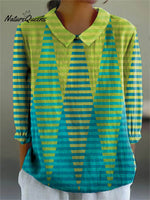 Women's Abstract Geometric Pattern Art Print Casual Cotton And Linen 3/4 Sleeve Shirt