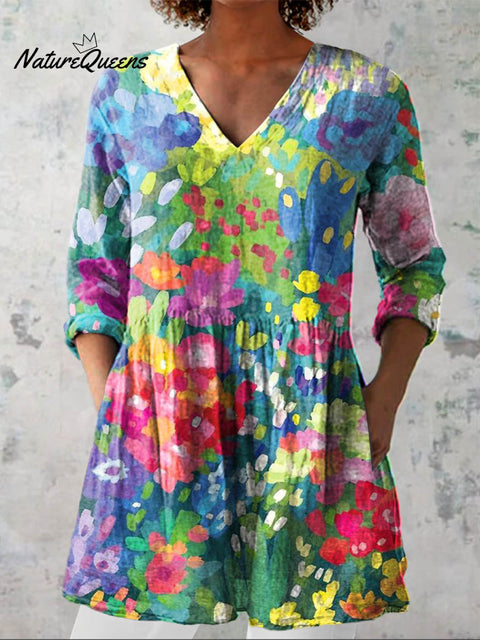 Women's Vintage Floral Art Print Casual Cotton Linen V-neck Shirt