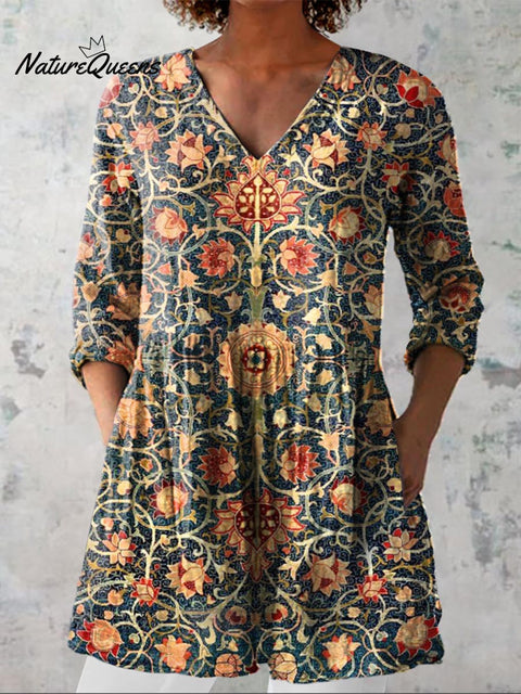 Women's Vintage Floral Art Print Casual Cotton Linen V-neck Shirt