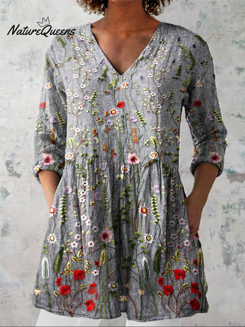 Women's Vintage Floral Art Print Casual Cotton Linen V-neck Shirt