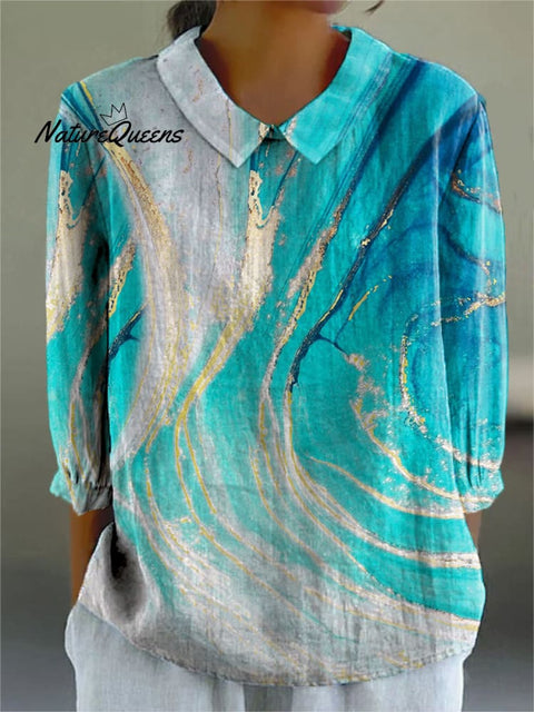 Women's Abstract Pattern Art Print Casual Cotton And Linen 3/4 Sleeve Shirt