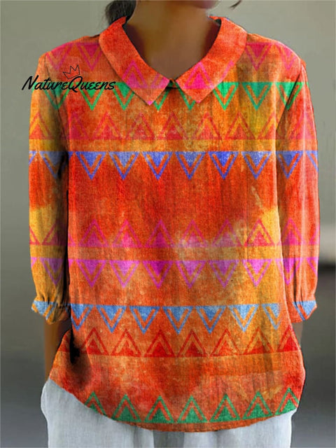 Women's Abstract Geometric Pattern Art Print Casual Cotton And Linen 3/4 Sleeve Shirt