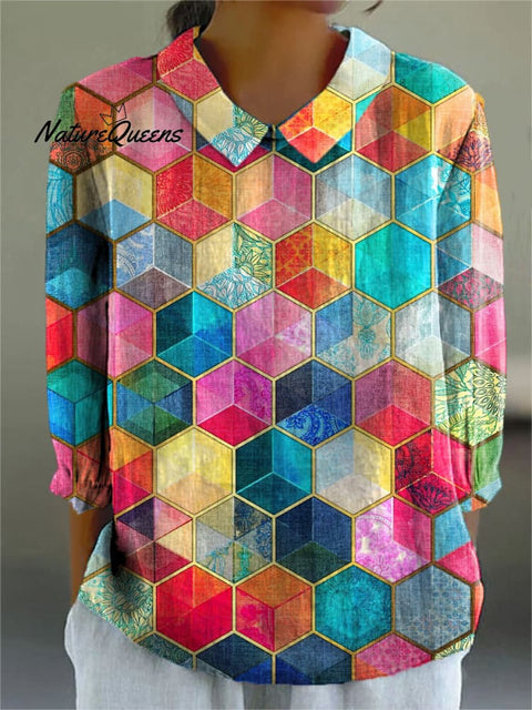 Women's Abstract Geometric Pattern Art Print Casual Cotton And Linen 3/4 Sleeve Shirt