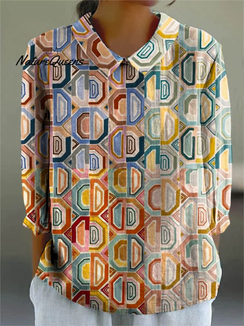 Women's Abstract Geometric Pattern Art Print Casual Cotton And Linen 3/4 Sleeve Shirt