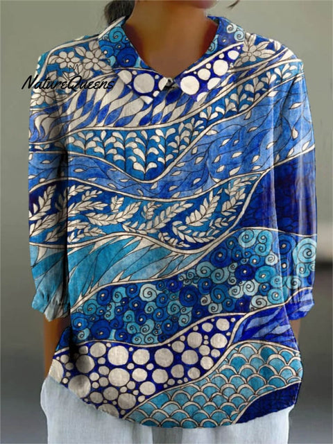 Women's Abstract Pattern Art Print Casual Cotton And Linen 3/4 Sleeve Shirt