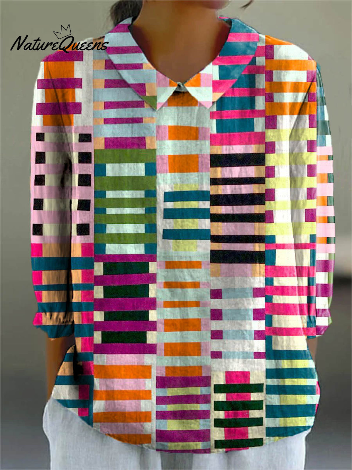 Women's Abstract Geometric Pattern Art Print Casual Cotton And Linen 3/4 Sleeve Shirt