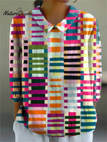 Women's Abstract Geometric Pattern Art Print Casual Cotton And Linen 3/4 Sleeve Shirt