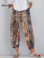Women's Abstract Geometric Pattern Art Printed Cotton And Linen Casual Pants