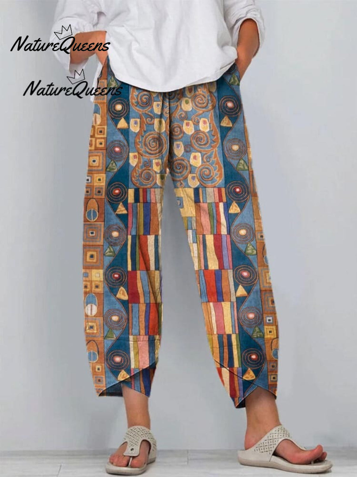 Women's Abstract Geometric Pattern Art Print Casual Cotton And Linen 3/4 Sleeve Shirt