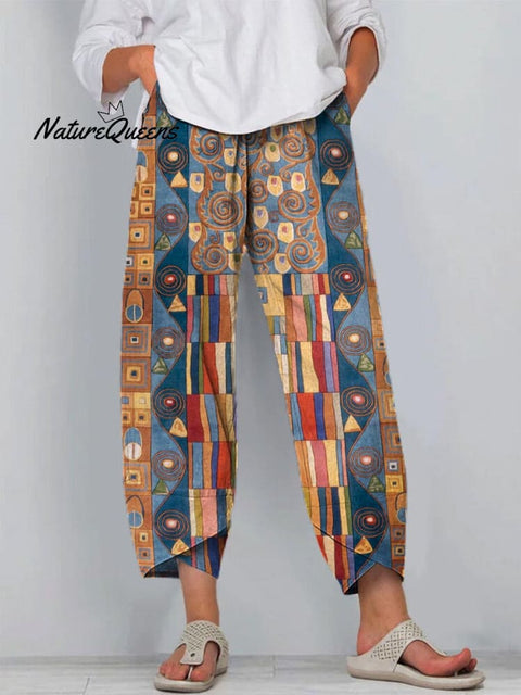 Women's Abstract Geometric Pattern Art Printed Cotton And Linen Casual Pants
