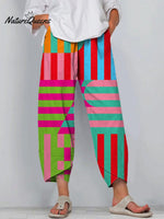Women's Abstract Geometric Pattern Art Printed Cotton And Linen Casual Pants