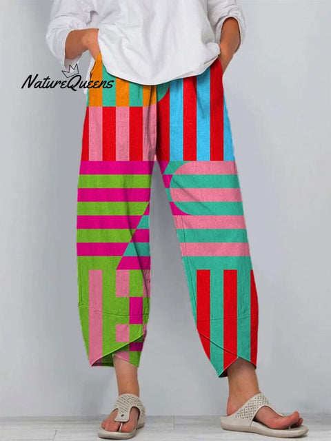 Women's Abstract Geometric Pattern Art Printed Cotton And Linen Casual Pants