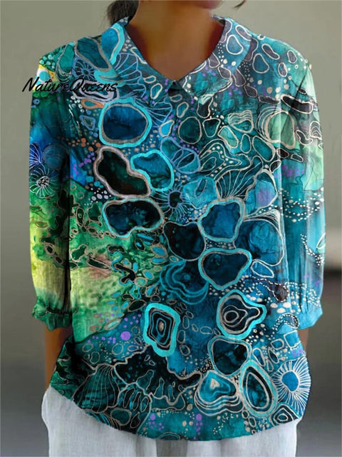 Women's Abstract Pattern Art Print Casual Cotton And Linen 3/4 Sleeve Shirt