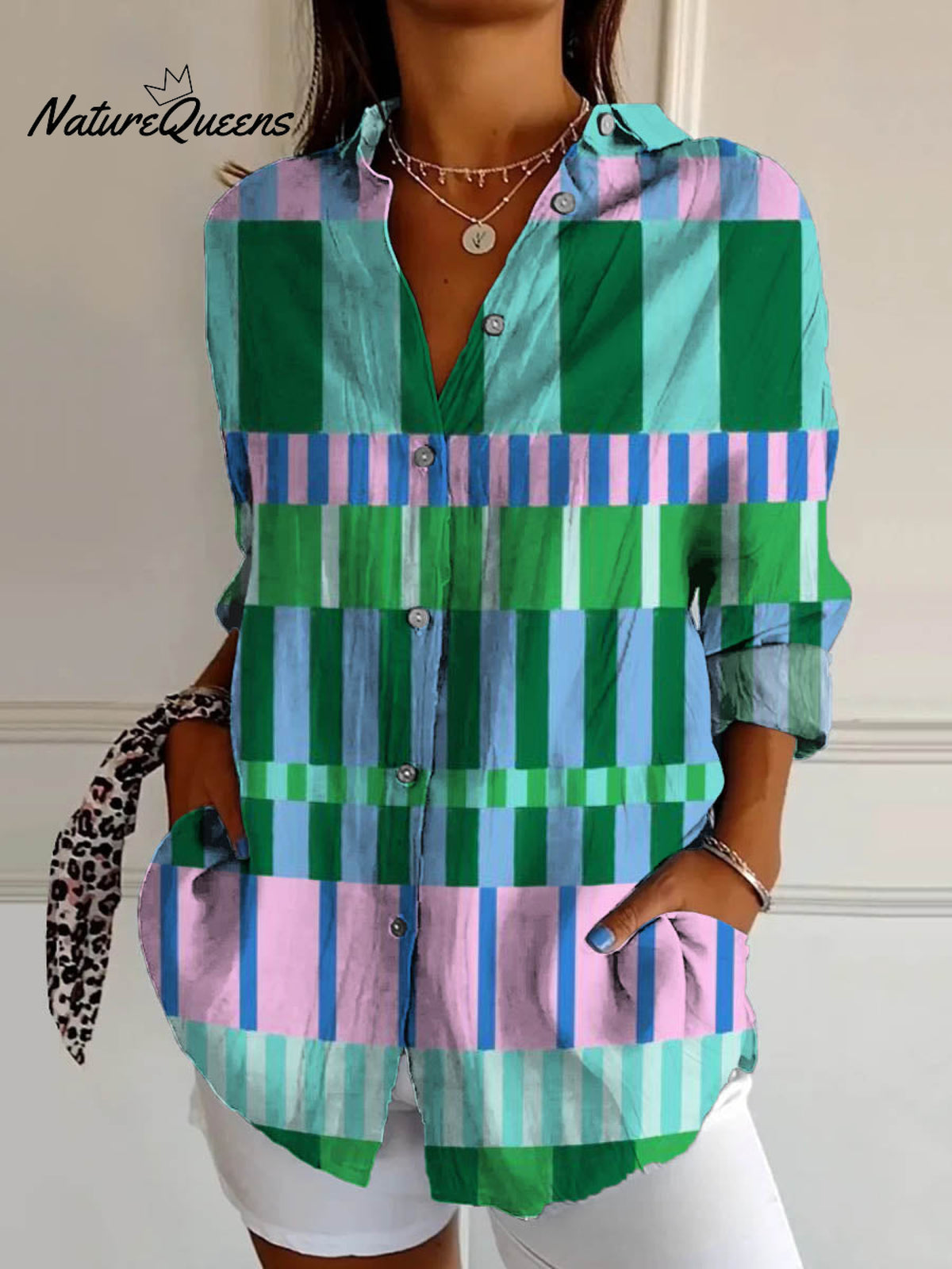 Women's Abstract Geometric Pattern Art Print Casual Cotton Shirt