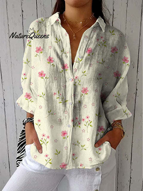 Women's Lovely Floral Art Print Casual Cotton Linen V-neck Shirt