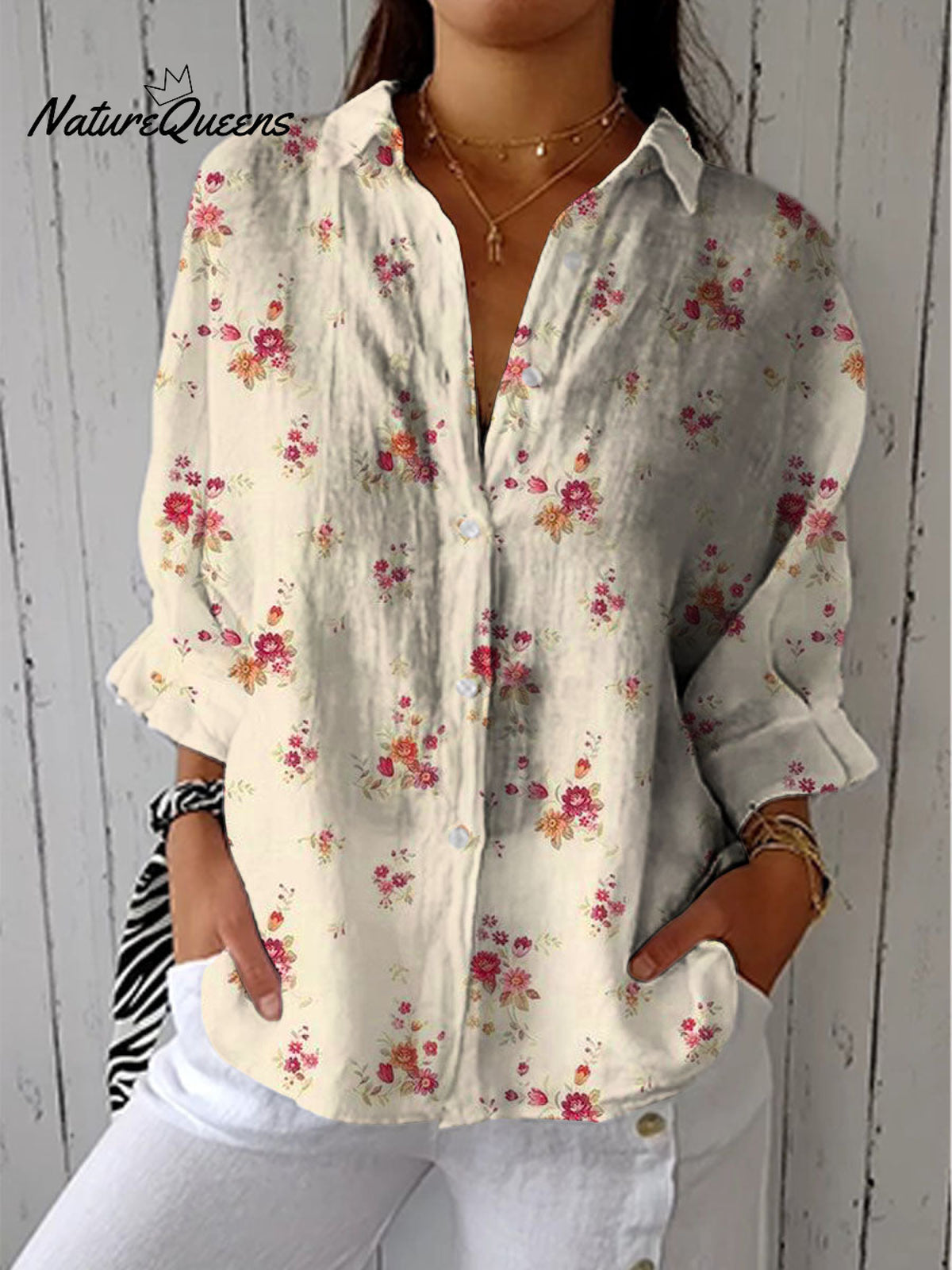 Women's Lovely Floral Art Print Casual Cotton Linen V-neck Shirt