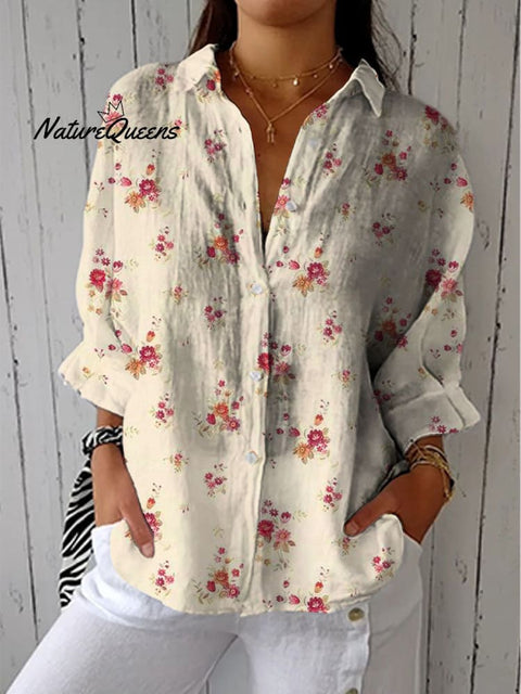 Women's Lovely Floral Art Print Casual Cotton Linen V-neck Shirt