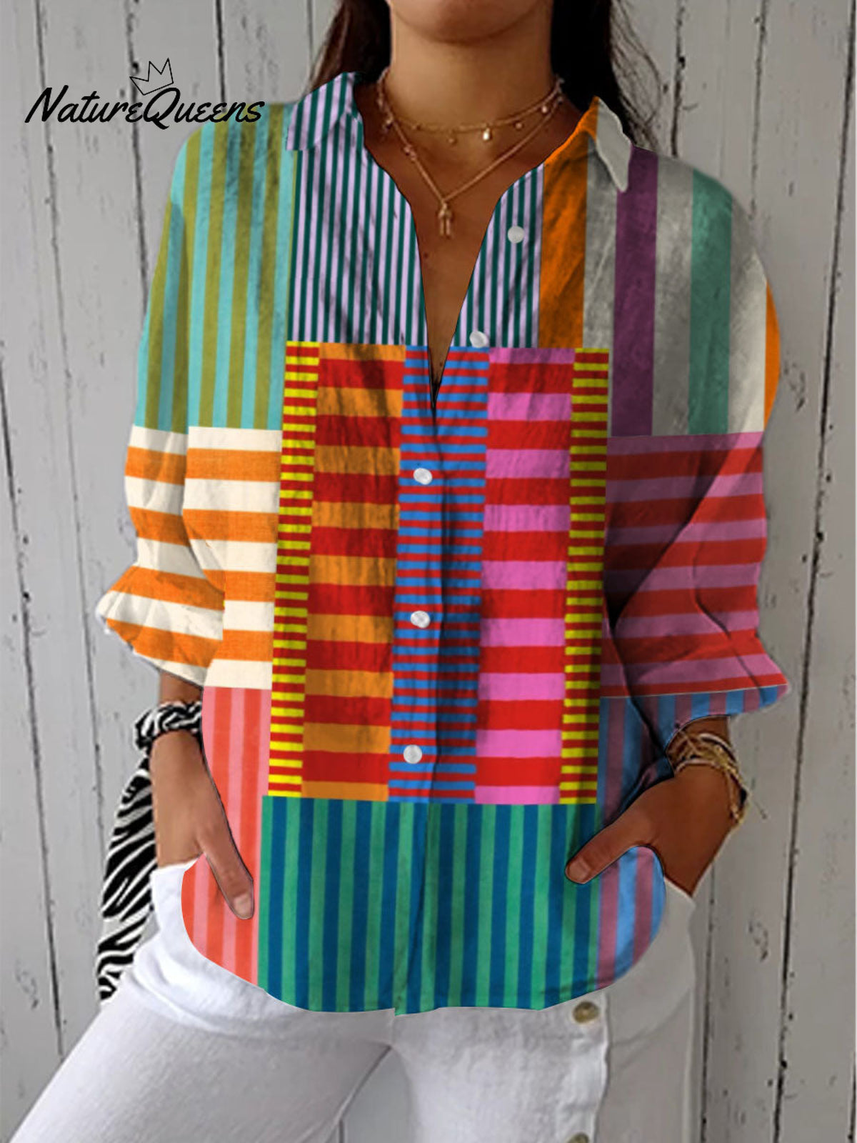 Women's Abstract Geometric Pattern Art Print Casual Cotton Linen V-neck Shirt