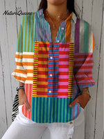 Women's Abstract Geometric Pattern Art Print Casual Cotton Linen V-neck Shirt