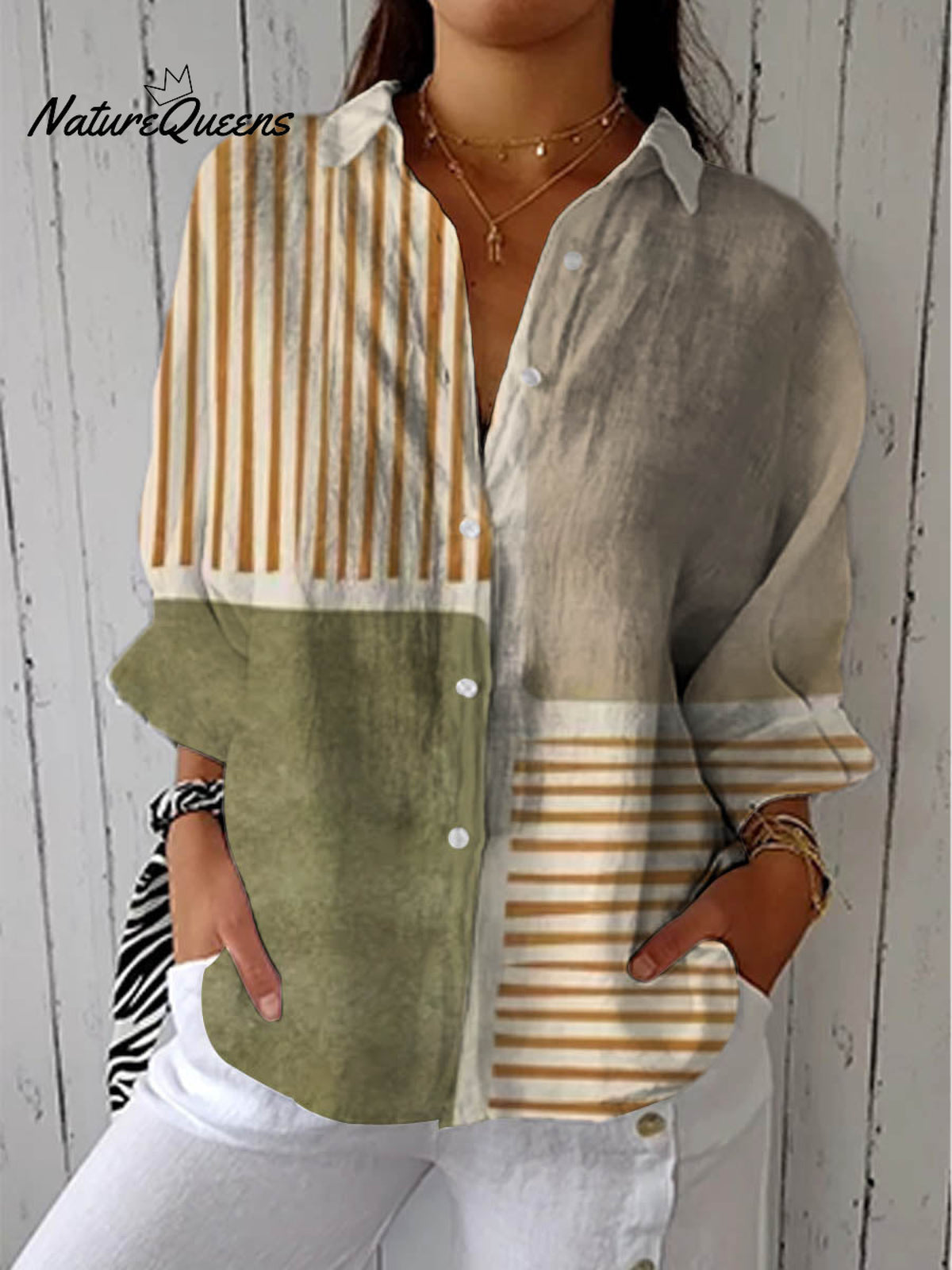 Women's Abstract Geometric Line Pattern Art Print Casual Cotton Linen V-neck Shirt