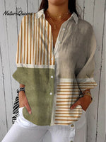 Women's Abstract Geometric Line Pattern Art Print Casual Cotton Linen V-neck Shirt