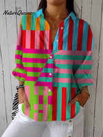 Women's Abstract Geometric Pattern Art Print Casual Cotton Linen V-neck Shirt