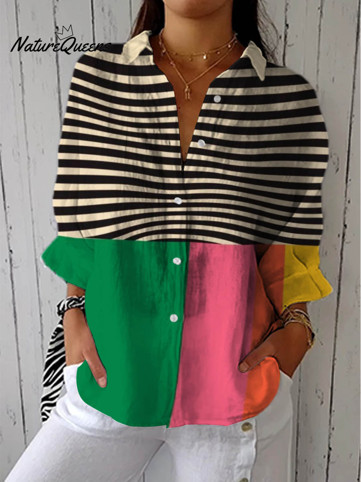 Women's Abstract Geometric Line Pattern Art Print Casual Cotton Linen V-neck Shirt