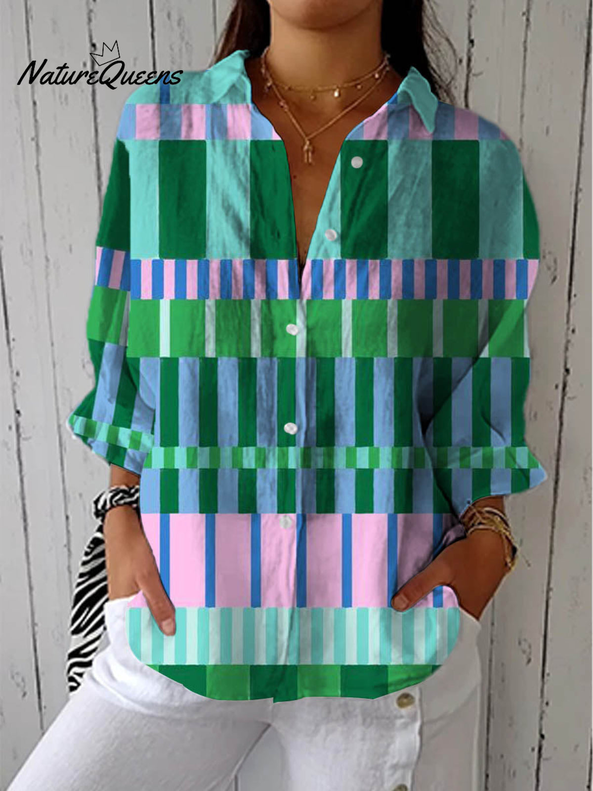 Women's Abstract Geometric Pattern Art Print Casual Cotton Linen V-neck Shirt