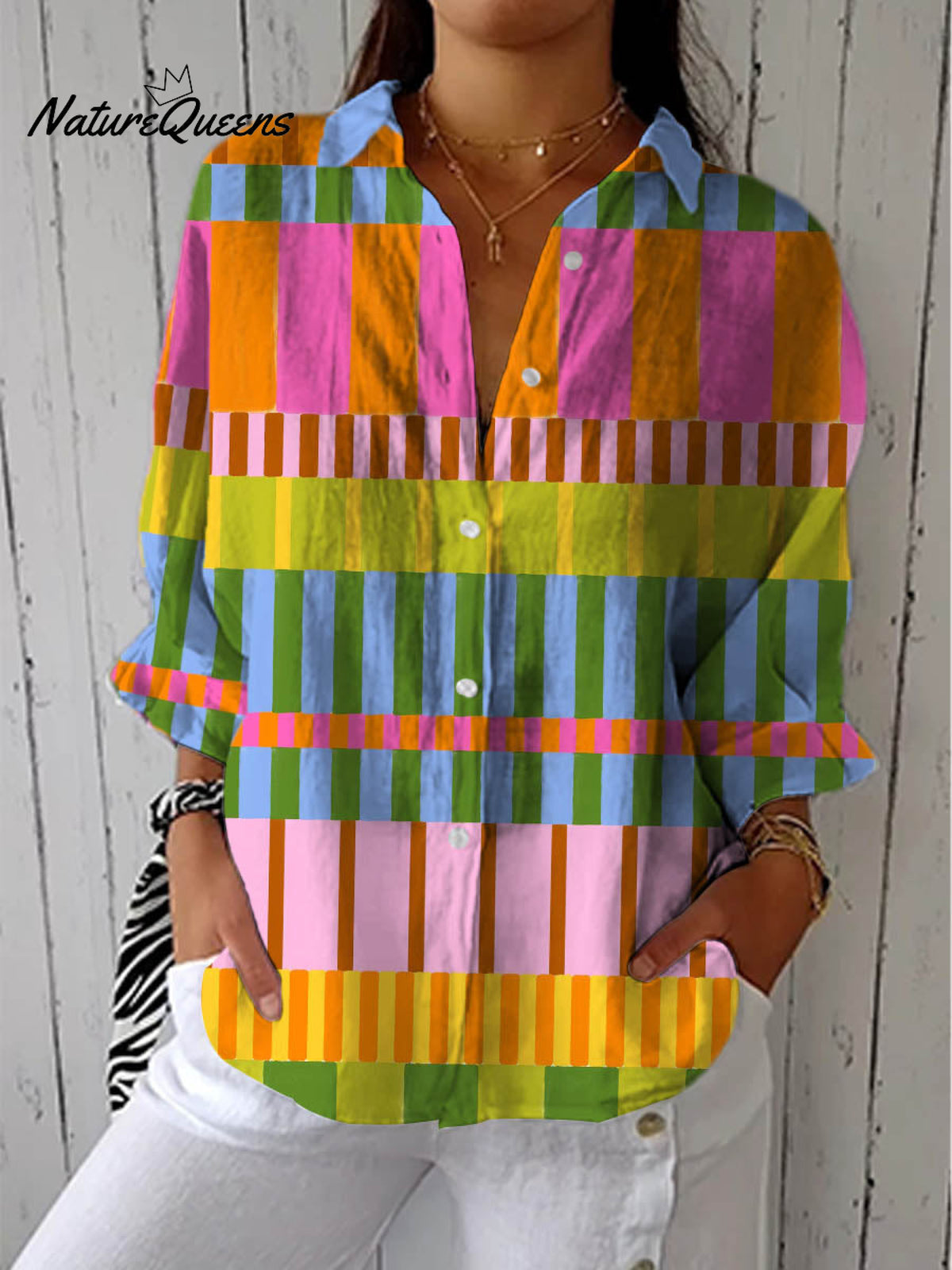 Women's Abstract Geometric Pattern Art Print Casual Cotton Linen V-neck Shirt