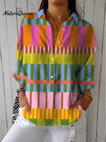 Women's Abstract Geometric Pattern Art Print Casual Cotton Linen V-neck Shirt