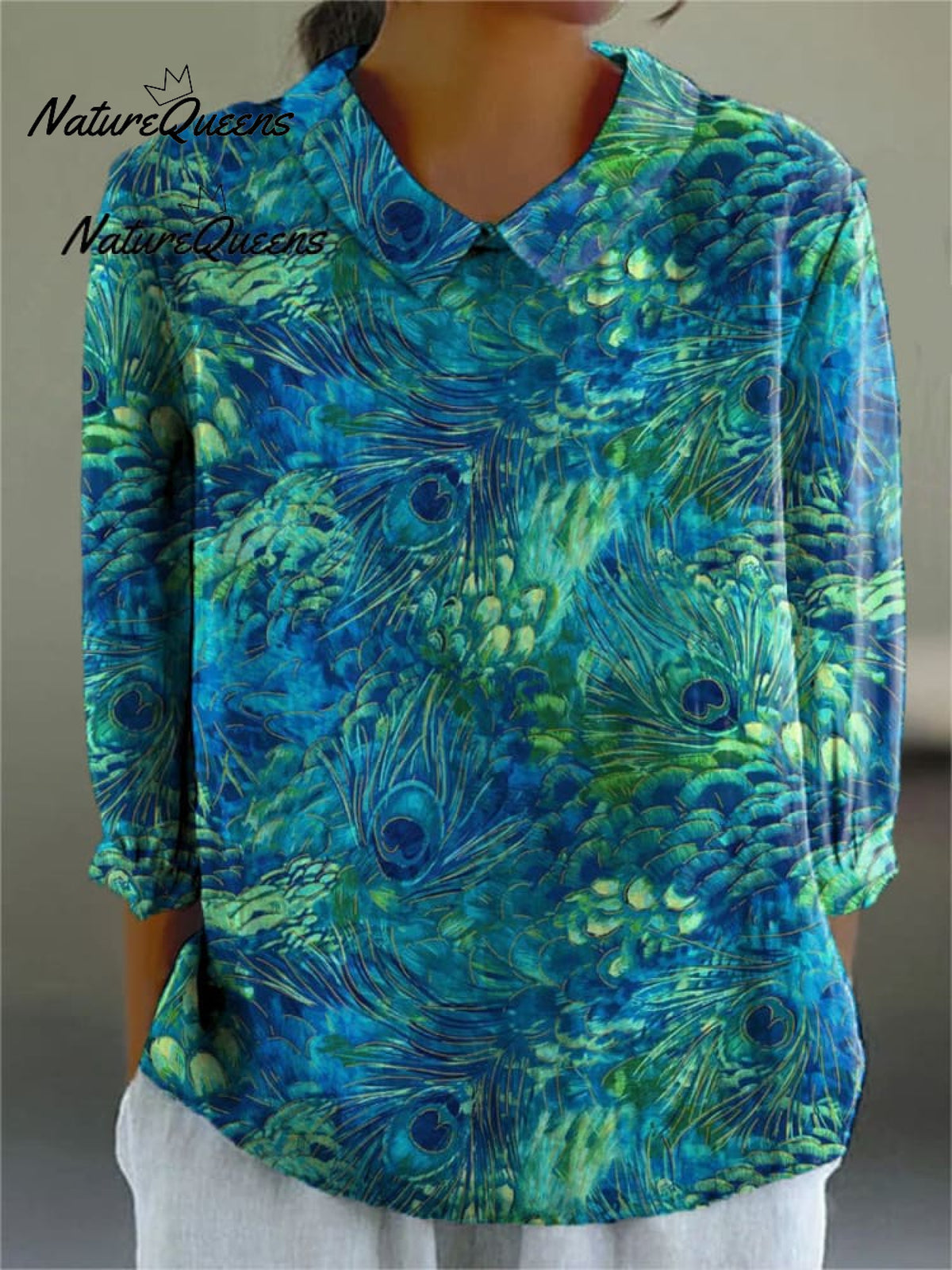 Women's Peacock Feather Pattern Art Print Casual Cotton Linen V-neck Shirt