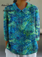 Women's Peacock Feather Pattern Art Print Casual Cotton Linen V-neck Shirt