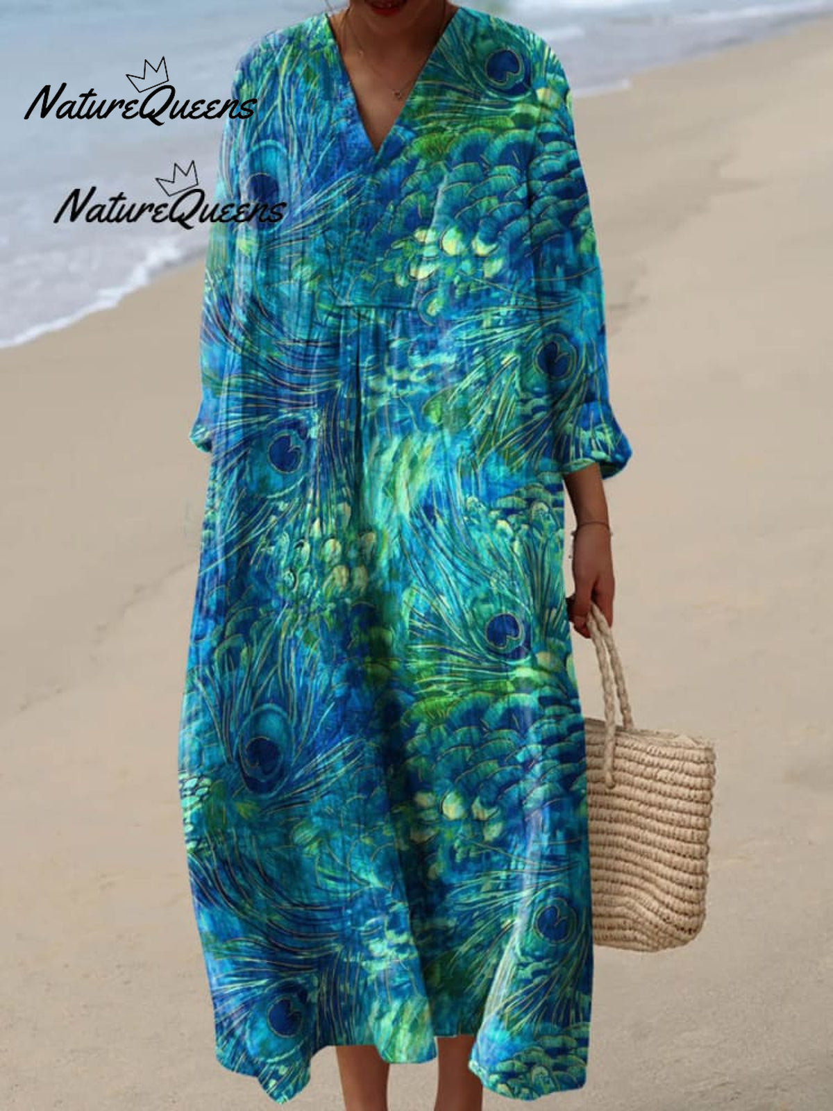 Women's Peacock Feather Pattern Art Print Casual Cotton Linen V-neck Shirt