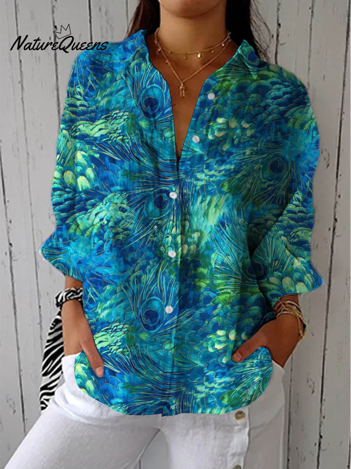 Women's Peacock Feather Pattern Art Print Casual Cotton Linen V-neck Shirt