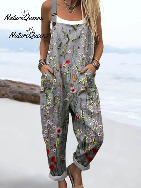 Women's Vintage Floral Art Print Casual Cotton Linen V-neck Shirt