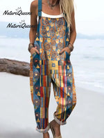 Women's Abstract Geometric Pattern Art Print Casual Cotton And Linen 3/4 Sleeve Shirt