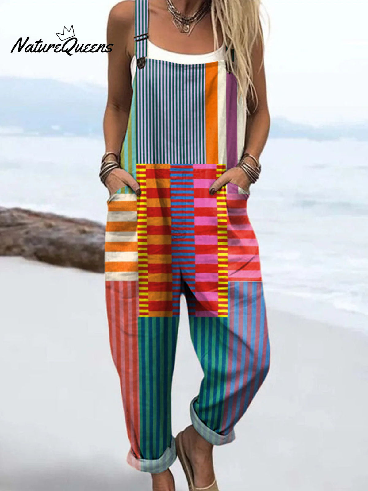 Women's Abstract Geometric Pattern Art Print Casual 100% Cotton Wide Leg Jumpsuit