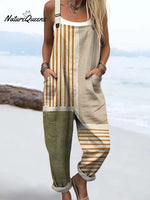 Women's Abstract Geometric Line Pattern Art Print Casual 100% Cotton Wide Leg Jumpsuit