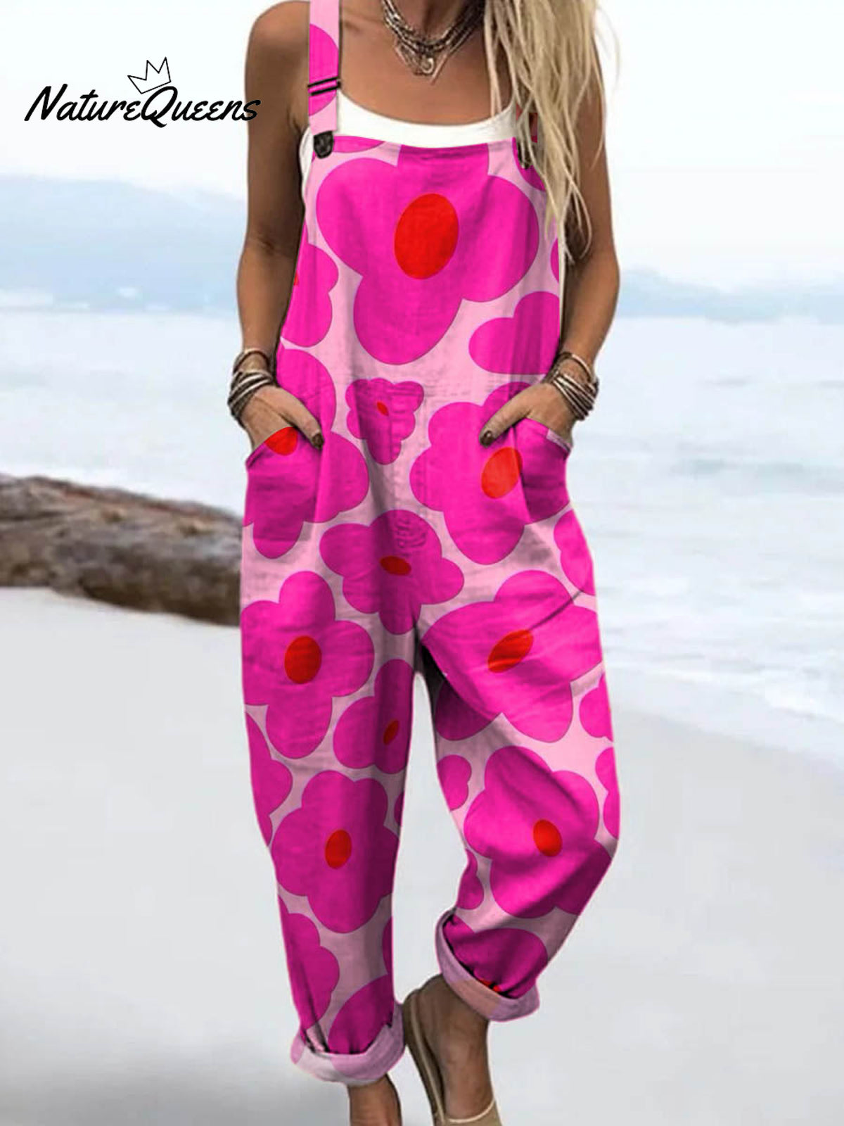 Women's Lovely Floral Pattern Art Print Casual 100% Cotton Wide Leg Jumpsuit